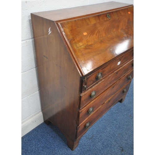 1237 - A 19TH CENTURY FLAME MAHOGANY BUREAU, the fall front door enclosing a fitted interior, above four lo... 