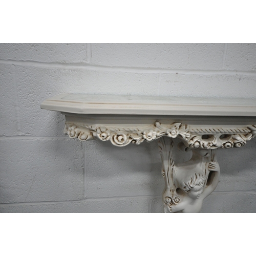 1247 - A CREAM RESIN CONSOLE TABLE, with glass insert, floral apron, the top surface been held aloft by a c... 