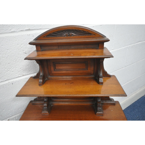 1251 - AN EDWARDIAN MAHOGANY PURDONIUM, the raised back with two shelves, atop a base with a fall front sto... 