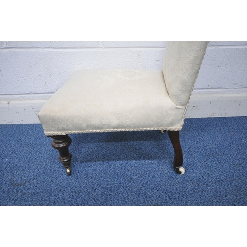 1260 - A VICTORIAN PREI DIEU PRAYER CHAIR, with beige and foliate upholstery raised on turned front legs, a... 