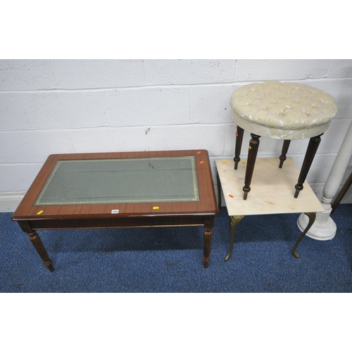 1264 - A MAHOGANY COFFEE TABLE, with green leather surface and glass insert, raised on tapered and fluted l... 