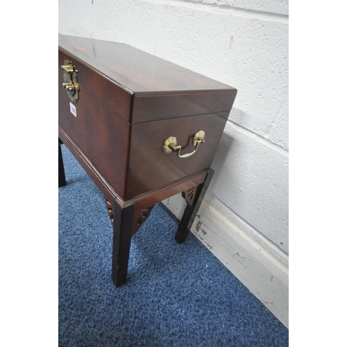 1265 - A REPRODUCTION ORIENTAL STYLE HARDWOOD BOX ON STAND, with twin brass handles and locking pin, width ... 