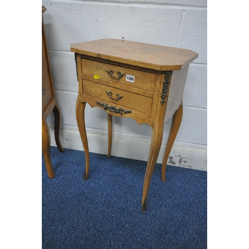 1266 - A FRENCH YEW WOOD TWO DRAWER BEDSIDE CHEST, raised on cabriole legs, width 45cm x depth 31cm x heigh... 