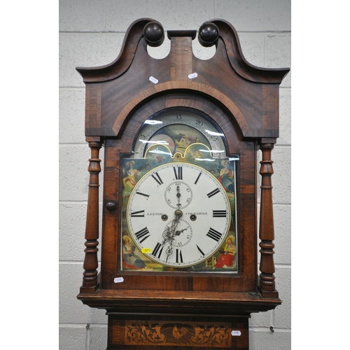 1272 - A 19TH CENTURY OAK CASED LONGCASE CLOCK, the hood with twin swan neck pediment, an arched glazed doo... 