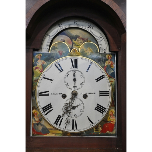 1272 - A 19TH CENTURY OAK CASED LONGCASE CLOCK, the hood with twin swan neck pediment, an arched glazed doo... 