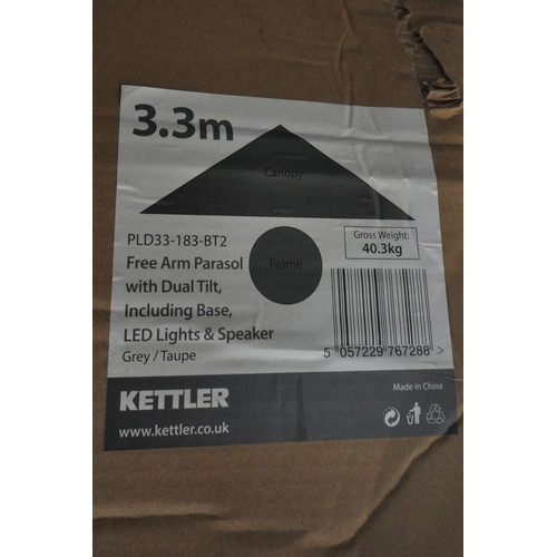 1274 - A KETTLER GREY / TAUPE FREE ARM PARASOL, with dual tilt, including base, LED lights and speaker, 3.3... 