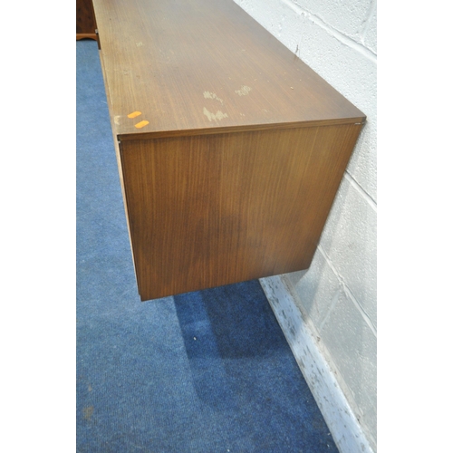 1277 - A MID CENTURY TEAK SIDEBOARD, fitted with a single cupboard door, three drawers and double sliding d... 