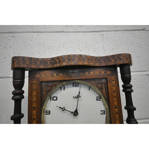 1285 - A LATE 19TH CENTURY MAHOGANY AND PARQUETRY INLAID WALL CLOCK, with a later added Smiths astral ename... 