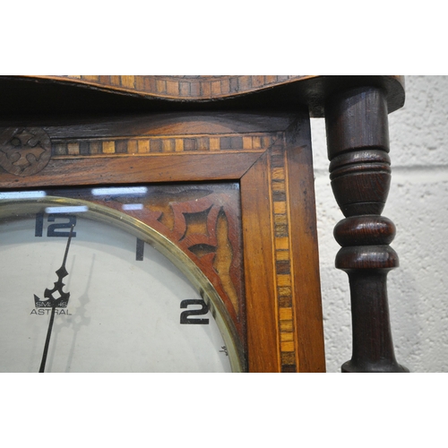 1285 - A LATE 19TH CENTURY MAHOGANY AND PARQUETRY INLAID WALL CLOCK, with a later added Smiths astral ename... 