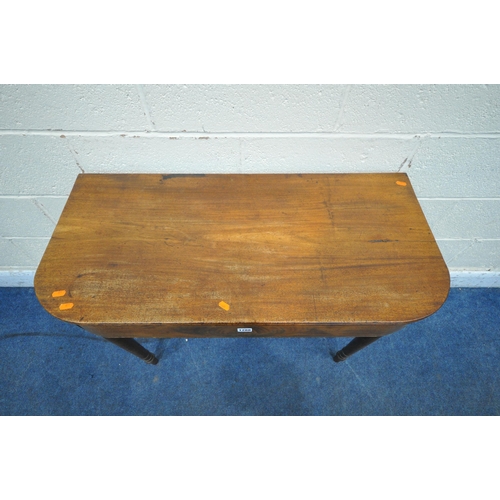 1288 - A 19TH CENTURY MAHOGANY SIDE TABLE, raised on turned and tapered legs, width 90cm x depth 42cm x hei... 