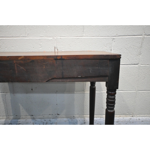 1288 - A 19TH CENTURY MAHOGANY SIDE TABLE, raised on turned and tapered legs, width 90cm x depth 42cm x hei... 