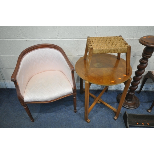 1291 - A SELECTION OF OCCASIONAL FURNITURE, to include an oak folding table, an oval rug, a rush stool, a b... 