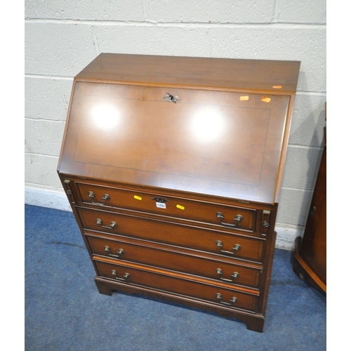 1292 - A REPRODUCTION MAHOGANY BUREAU, with a fall front door, enclosing a fitted interior, above four draw... 