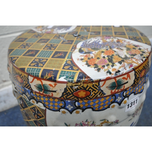 1311 - AN CHINESE BARREL SHAPED CERAMIC GLAZED STOOL, depicting birds, trees, flowers, and various geometri... 