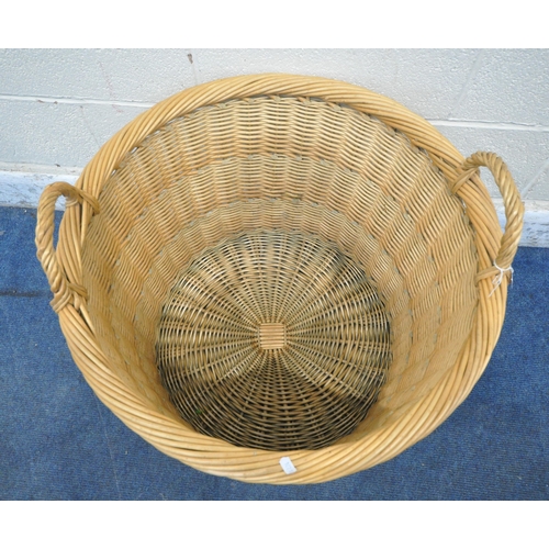 1312 - A LARGE CYLINDRICAL WICKER BASKET, with twin handles, diameter 64cm x height 60cm (condition report:... 