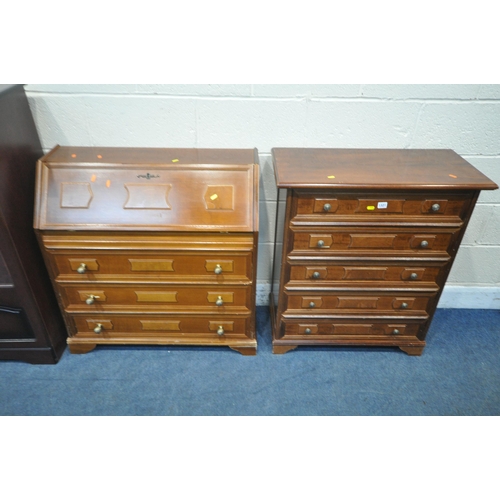 1331 - A MAHOGANY CHEST OF FIVE DRAWERS, width 77cm x depth 37cm x height 88cm, a bureau with a fall front ... 