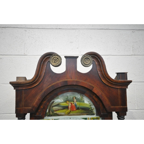 1338 - A 19TH CENTURY MAHOGANY EIGHT DAY LONGCASE CLOCK, the hood with twin swan neck pediment and turned s... 