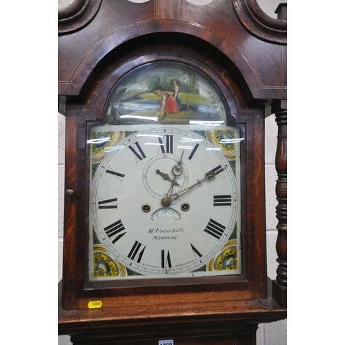 1338 - A 19TH CENTURY MAHOGANY EIGHT DAY LONGCASE CLOCK, the hood with twin swan neck pediment and turned s... 