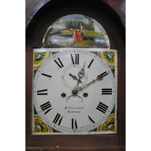 1338 - A 19TH CENTURY MAHOGANY EIGHT DAY LONGCASE CLOCK, the hood with twin swan neck pediment and turned s... 