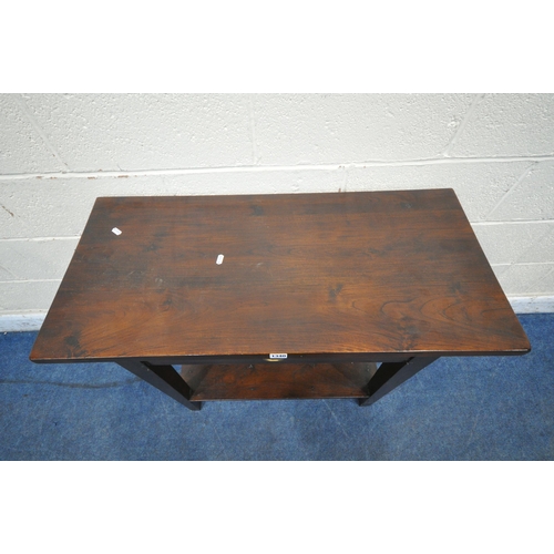 1340 - A STAINED HARDWOOD SIDE TABLE, with a single frieze drawers, on square tapered legs, united by an un... 