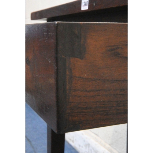 1340 - A STAINED HARDWOOD SIDE TABLE, with a single frieze drawers, on square tapered legs, united by an un... 