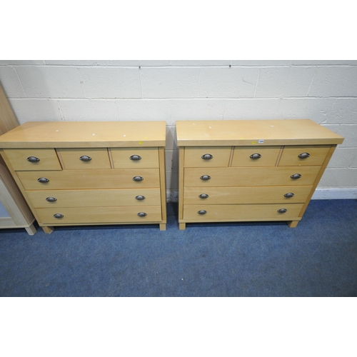 1344 - A PAIR OF MODERN BEECH EFFECT SIDEBOARDS, fitted with three short over three long drawers, width 114... 