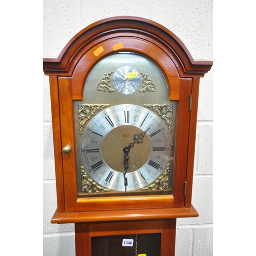 1346 - A LATE 20TH CENTURY TEMPUS FUGIT LONGCASE CLOCK, the arched hood enclosing a 9.5 inch brass and silv... 