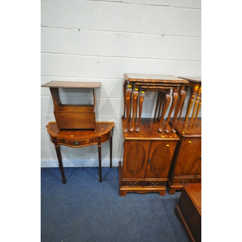 1352 - A SELECTION OF YEW WOOD OCCASIONAL FURNITURE, to include two media cabinets, a side table with a sin... 