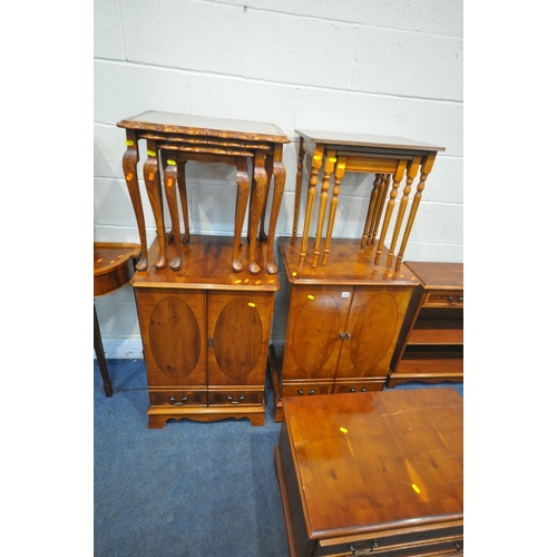 1352 - A SELECTION OF YEW WOOD OCCASIONAL FURNITURE, to include two media cabinets, a side table with a sin... 