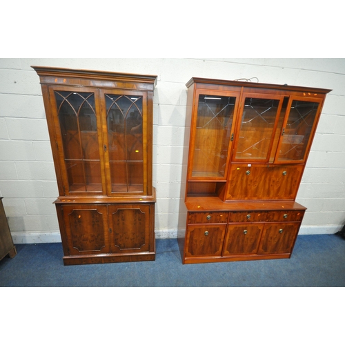 1353 - BERESFORD AND HICKS OF ENGLAND, A LATE 20TH CENTURY YEW WOOD CABINET, with three glazed doors, a fal... 