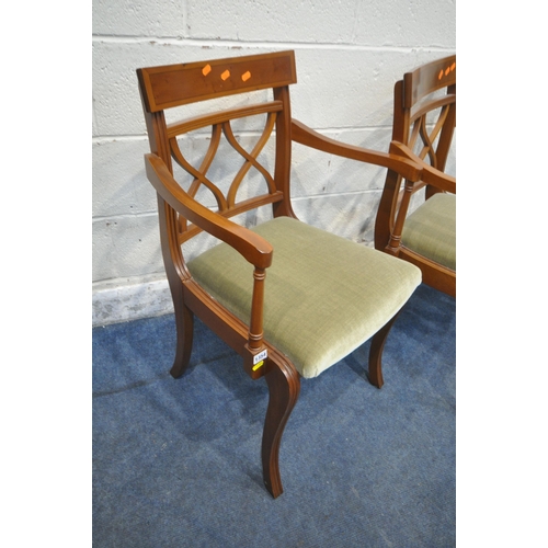 1354 - A SET OF THREE YEW WOOD CARVER CHAIRS, with green upholstery (condition report: marks, scuffs, other... 