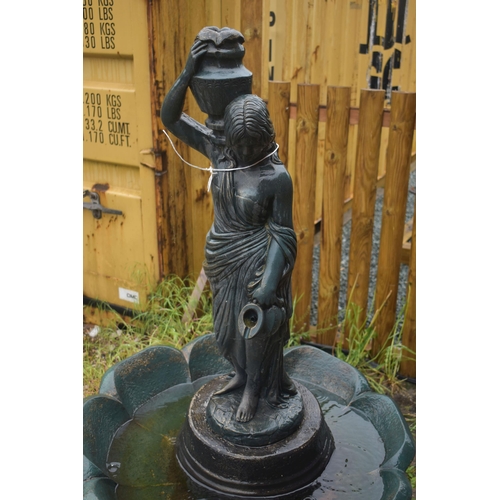 1003 - A HENRI STUDIOS GREEN PAINTED COMPOSITE FIGURAL WATER FEATURE, of a lady holding urns, on a flower b... 