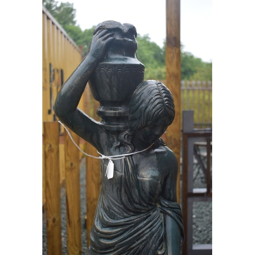 1003 - A HENRI STUDIOS GREEN PAINTED COMPOSITE FIGURAL WATER FEATURE, of a lady holding urns, on a flower b... 