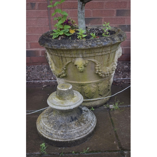 1008 - A WEATHERED COMPOSITE CIRCULAR PLANTER, with female masks, joined swags and grapes, containing a pla... 