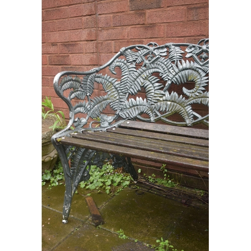 1012 - A COALBROOKDALE STYLE PAINTED CAST ALUMINIUM GARDEN BENCH, with fern leaf decoration, and teak slats... 