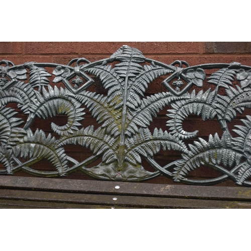 1012 - A COALBROOKDALE STYLE PAINTED CAST ALUMINIUM GARDEN BENCH, with fern leaf decoration, and teak slats... 