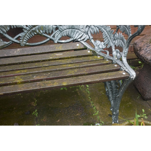 1012 - A COALBROOKDALE STYLE PAINTED CAST ALUMINIUM GARDEN BENCH, with fern leaf decoration, and teak slats... 