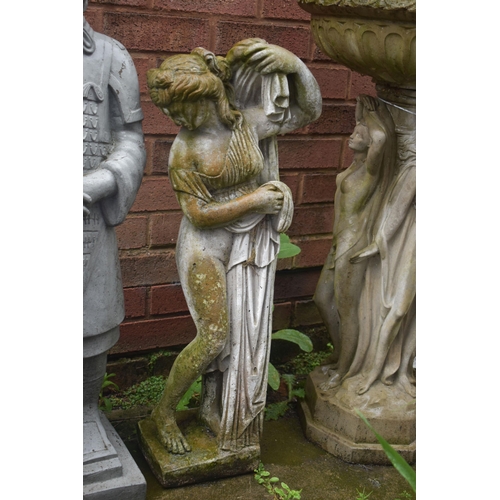 1014 - A WEATHERED COMPOSITE GARDEN FIGURE OF A SEMI CLAD LADY, height 75cm, along with a modern figure of ... 