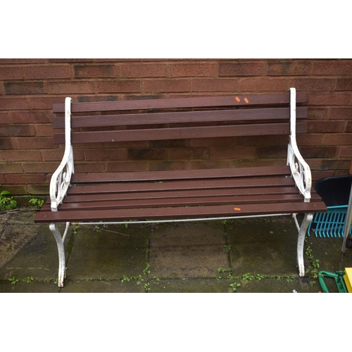 1018 - A CAST ALUMINIUM GARDEN BENCH, with stained teak slats, length 123cm