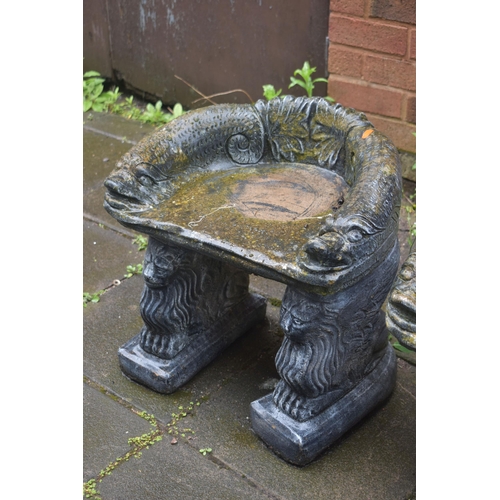 1022 - A PAIR OF MODERN SLATE COLOURED COMPOSITE CURVED BENCHES, with mythical creatures to arms and twin s... 