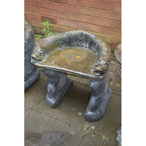 1022 - A PAIR OF MODERN SLATE COLOURED COMPOSITE CURVED BENCHES, with mythical creatures to arms and twin s... 