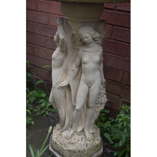 1026 - A PAIR OF CREAM WEATHERED COMPOSITE GARDEN PLANTER, on separate bases with three clad ladies in flow... 