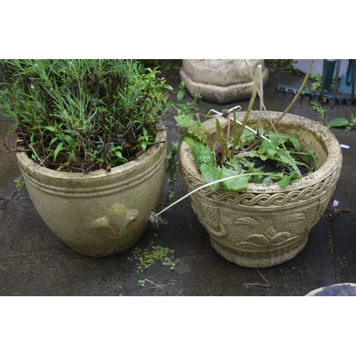 1027 - THREE WEATHERED CREAM COMPOSITE CIRCULAR GARDEN PLANTERS, and an urn base (4)