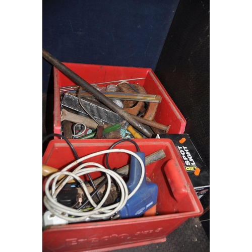 1061 - SIX BOXES CONTAINING TOOLS AND WASHING MACHINE PARTS including a  Rolson chisel set, hammers, saws, ... 