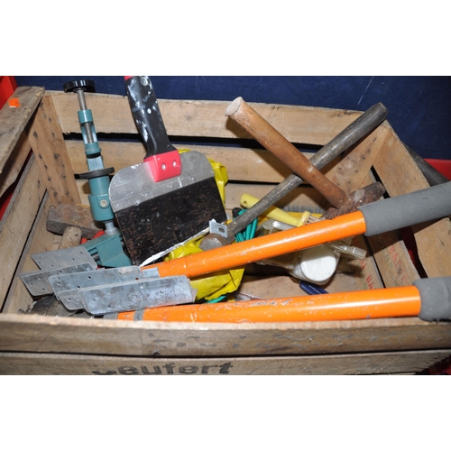 1061 - SIX BOXES CONTAINING TOOLS AND WASHING MACHINE PARTS including a  Rolson chisel set, hammers, saws, ... 