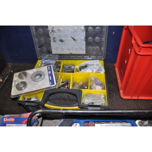 1061 - SIX BOXES CONTAINING TOOLS AND WASHING MACHINE PARTS including a  Rolson chisel set, hammers, saws, ... 