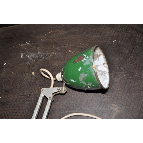 1063 - A VINTAGE ARTICULATED WORKSHOP LAMP with green enamel shade (UNTESTED as uninsulated plug and no bul... 