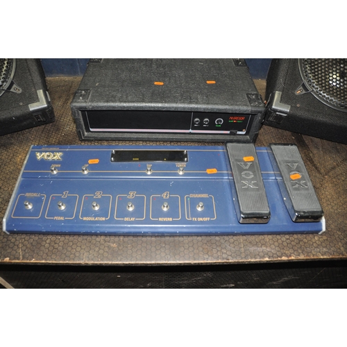 1079 - A VOX VC12 FOOT CONTROLLER a McGregor slave amplifier, a pair of wedge monitors (all UNTESTED), a Br... 