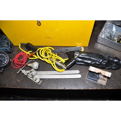 1083 - A METAL TOOL BOX AND A TRAY CONTAINING TOOLS including items stamped N E B, a brace, a hand drill, a... 