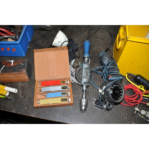 1083 - A METAL TOOL BOX AND A TRAY CONTAINING TOOLS including items stamped N E B, a brace, a hand drill, a... 